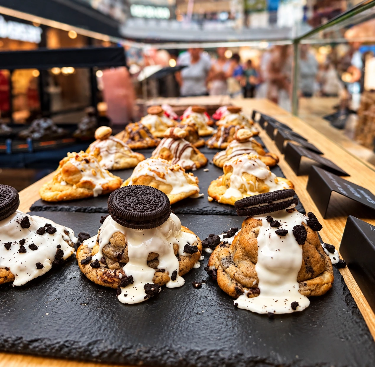 Cookies con crema blanca y Oreo sobre pizarra
