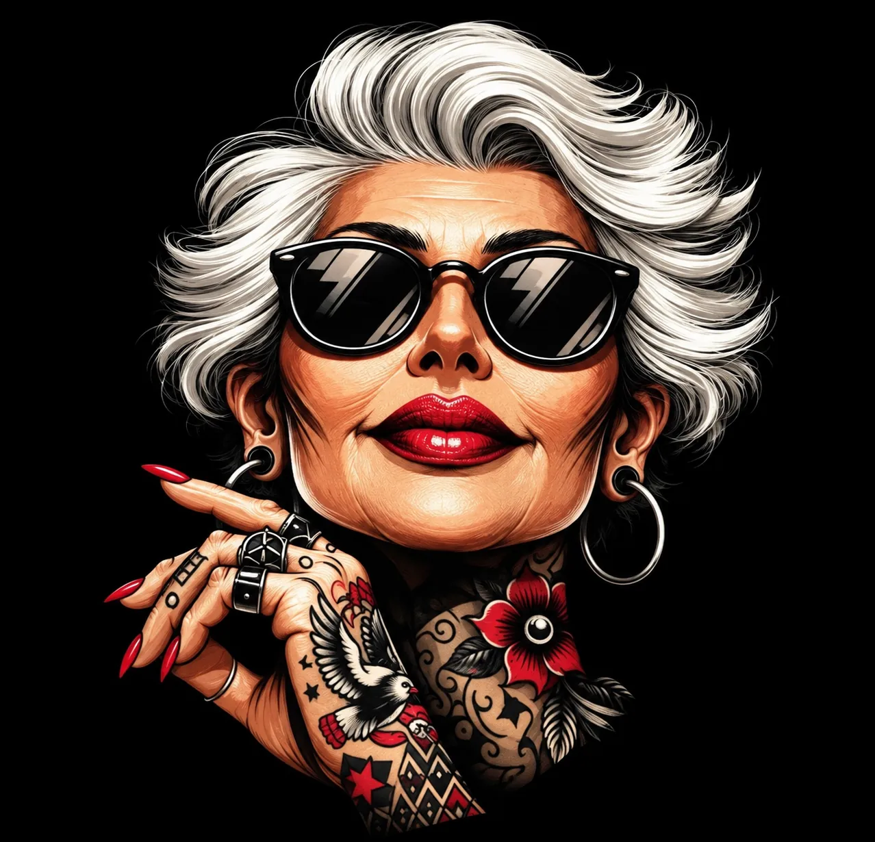 Mascota Abuela Canalla: abuela de pelo blanco, gafas oscuras, labios rojos y tatuajes